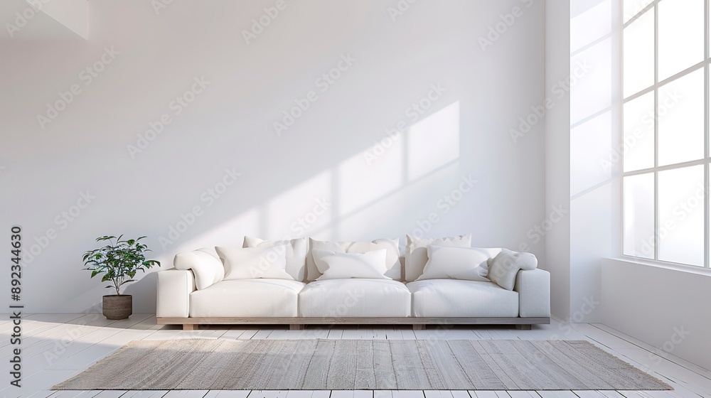 Canvas Prints Modern Minimal clean clear contemporary living room home interior design daylight background,beige white sofa couch in living room daylight from window freshness moment mock up interior 