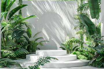 Fototapeta premium Elegant White Display Platform with Greenery Decor for Modern and Minimalist Natural Presentation