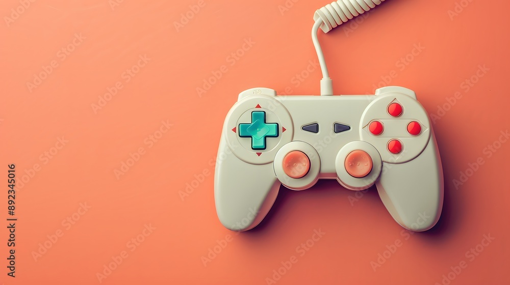 Poster retro game controller on coral background.