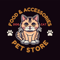 Pet store vector emblem concept with cute cartoon cat character illustration in colored style on dark background