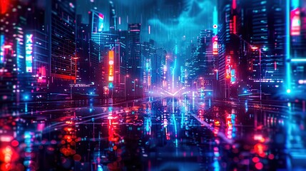 Obraz premium A dark but futuristic city concept, illuminated by neon lights and reflections on wet surfaces, reminiscent of cyberpunk worlds.