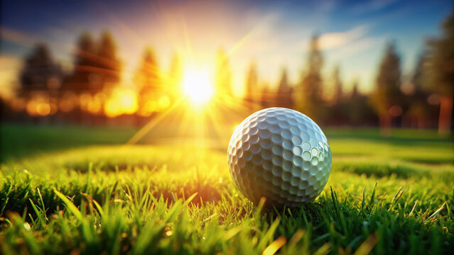 A solitary golf ball rests on a vibrant green grass field, illuminated by warm sunlight, against a blurred digital 3D illustration background, evoking sporty elegance.