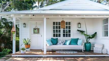 Modern retro beach hut coastal veranda porch back door entrance sofa bench white aqua turquoise weatherboard Hamptons luxury deck shack entrance patio pergola house seaside chic Australia summer home 