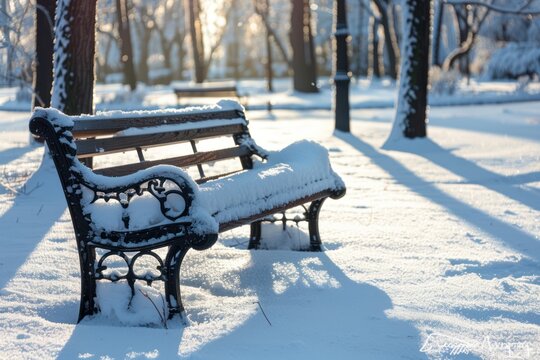 Snow-covered bench in a snowy park