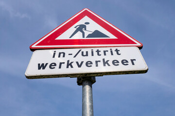 Dutch road sign: road works ahead - entrance and exit work traffic