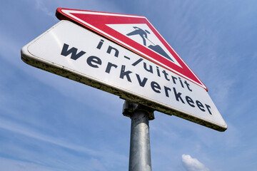 Dutch road sign: road works ahead - entrance and exit work traffic