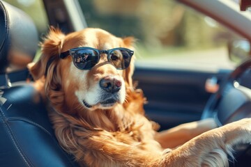 Stylish dog in sunglasses driving a car