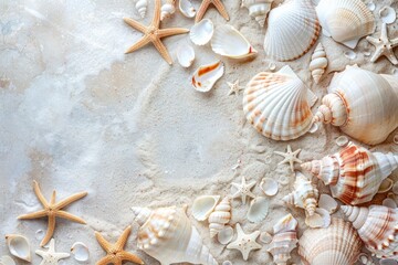 Summertime background with blenk copy space for text or advertising. Sea shells, stars and white sand flat lay