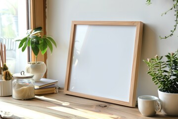 Tabletop mockup menu with a wooden frame for writing or merchandise