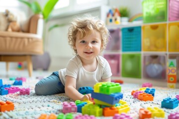 Fototapeta premium The little child plays with colorful blocks in bright kid room