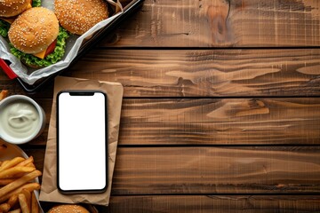 top view Food delivery, fastfood and smartphone on wooden table. Blank cell phone screen mockup