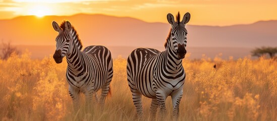 Zebras at Sunset in the African Savanna