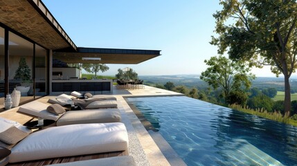 Fototapeta premium A luxurious outdoor pool area with a sleek infinity pool, comfortable loungers, an outdoor kitchen, and a view of a scenic landscape.