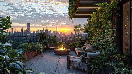 A luxurious penthouse terrace with comfortable outdoor furniture, a fire pit, lush greenery, and a breathtaking view of a city skyline at sunset.