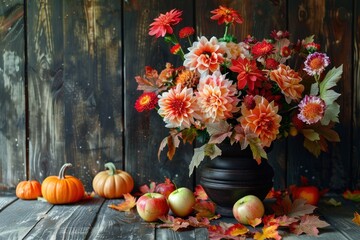 vase with an arrangement of flowers and autumn