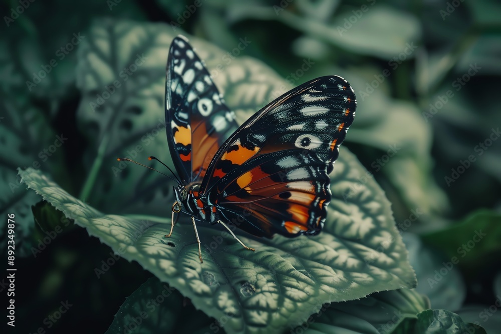 Poster a colorful butterfly with intricate patterns rests on a lush green leaf