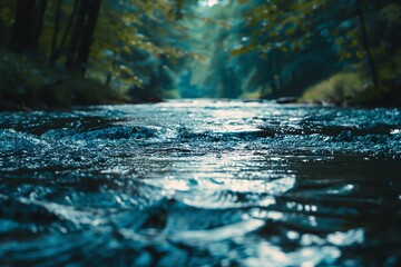 Fototapeta premium A close-up view of a river flowing through a lush green forest. The water is clear and sparkling, reflecting the sunlight filtering through the trees.