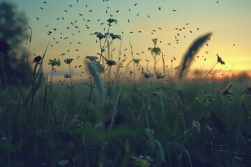 A field of wildflowers and grasses bathed in the soft glow of a sunrise.