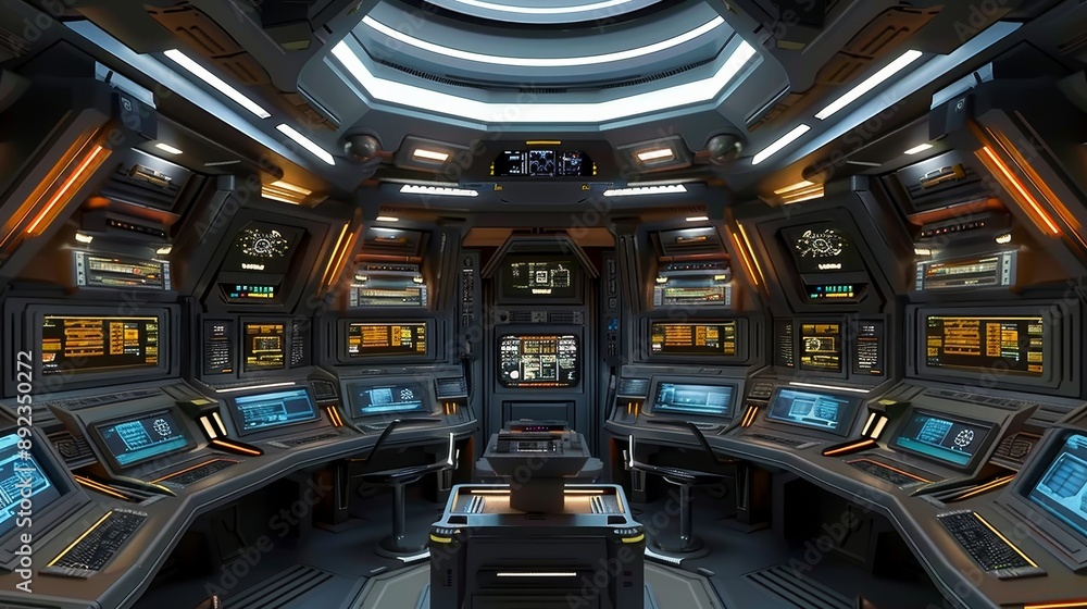 Poster 3d render of a futuristic control room with advanced technology and multiple screens