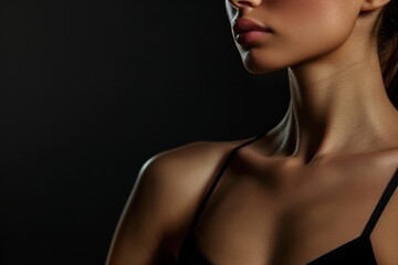 Woman with slim body posing on black background, closeup