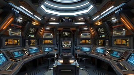 Obraz premium 3D render of a futuristic control room with advanced technology and multiple screens