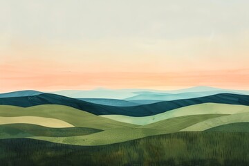 Fototapeta premium A minimalist, abstract watercolor painting depicting a landscape of rolling hills and a soft pink sunset.
