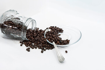 Espresso Americano in a ceramic fancy cup with fresh coffee bean scattered Isolated White Background