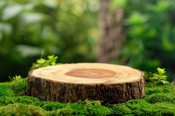 Wooden slice podium on a green moss background. Premium empty scene for product promotion, beauty, natural
