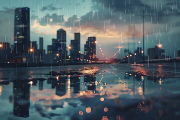 Fototapeta premium A rainy cityscape at night with reflections in the wet street. The sky is dark with clouds and rain falling. The city lights are visible.