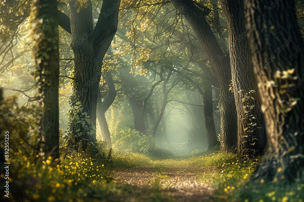 Aufkleber a sunlit path winds through a mystical forest, dappled light filtering through the trees.