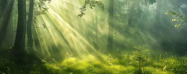 Obraz premium Sunbeams filter through the lush greenery of a serene forest, creating a magical atmosphere. Free copy space for text.