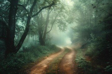 Obraz premium A winding dirt path through a misty, green forest. Sunlight filters through the canopy, creating a sense of mystery and tranquility.