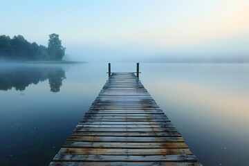 Fototapeta premium A wooden dock extends into a tranquil lake, shrouded in morning mist, creating a serene and mysterious atmosphere.