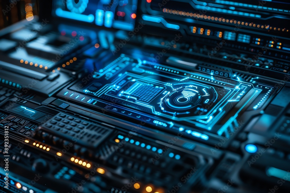 Poster close-up of a glowing blue circuit board with a central processor chip. the image represents technol
