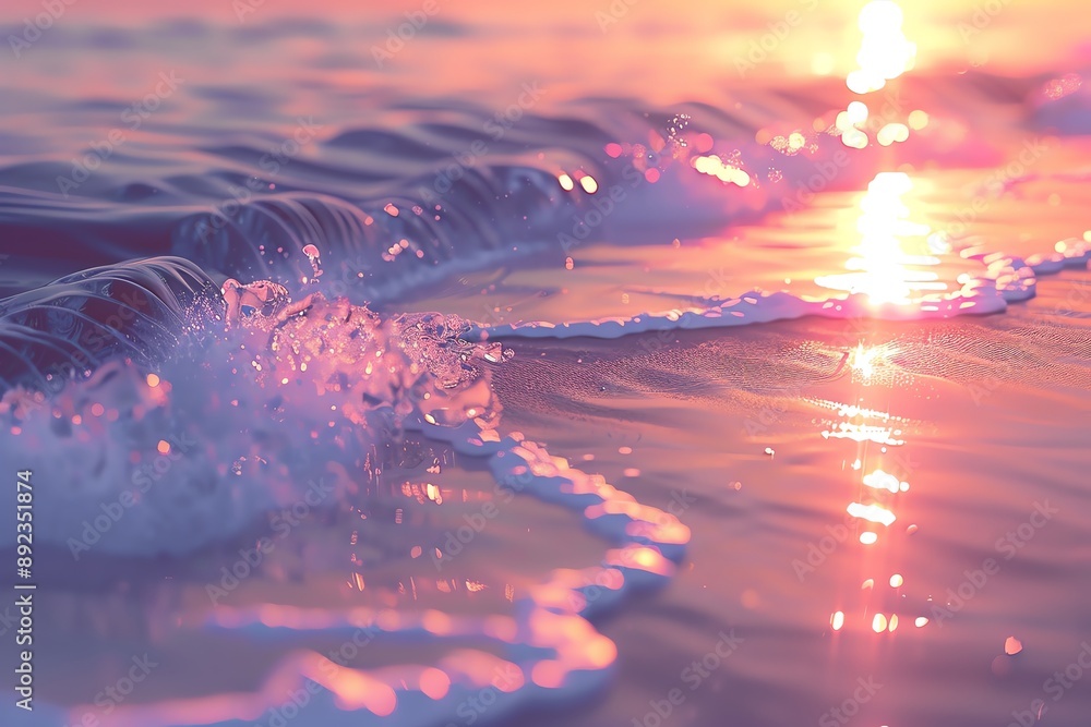 Aufkleber close-up of gentle waves lapping on the shore at sunset, creating a mesmerizing display of light and