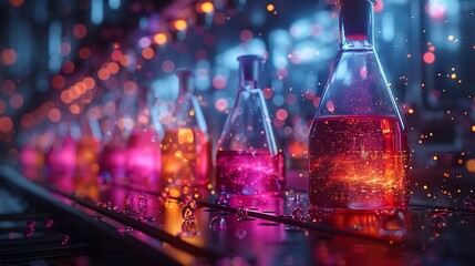 Infographic explaining the meaning of chemical equations with colorful visuals and detailed descriptions in an advanced futuristic chemistry lab