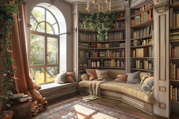Cozy reading nook with a large window, a plush couch, and shelves full of books. Perfect for a relaxing afternoon.