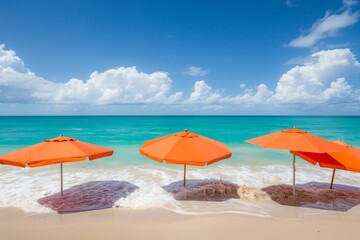 Brightly colored umbrellas on a sandy beach, with the sun high in the sky and clear, inviting ocean waters beyond