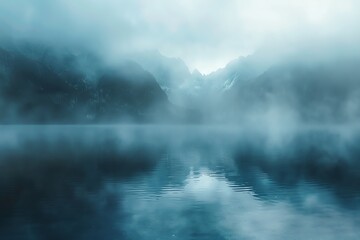 Fototapeta premium Mystical, foggy mountain lake reflecting the sky in a serene, dreamy blue.