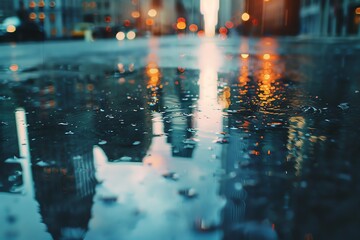 Obraz premium Reflective puddle on a city street after rain, with blurred lights and buildings reflecting in the water.