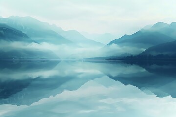 Serene landscape of a misty mountain range reflected in a tranquil lake.  The sky and water blend seamlessly, creating a peaceful and ethereal scene.