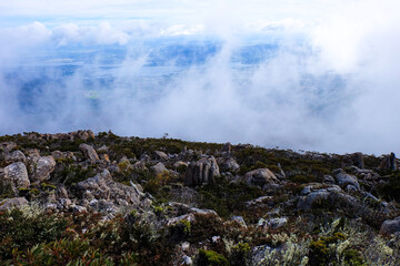 Rocks formation and Pinnacle Observation Shelter and Boardwalk, Mount Wellington, Tasmania, Hobart, Australia 
