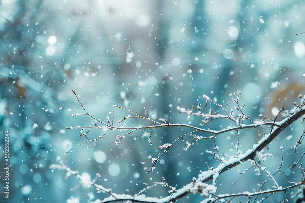 Aufkleber snowflakes fall on bare branches in a winter wonderland. the light filters through the trees, creati
