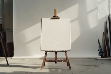 Isolated Blank White Canvas on Wooden Easel Painting Template Focused Generative Illustration