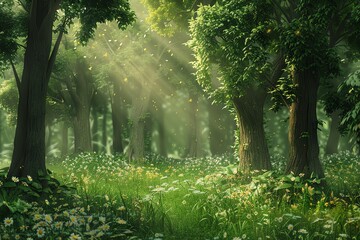 Fototapeta premium Sunlight streams through lush green trees in a vibrant forest.