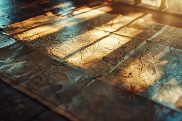 Naklejka premium Sunlight streams through a window onto a weathered wooden floor, creating a dramatic interplay of light and shadow.