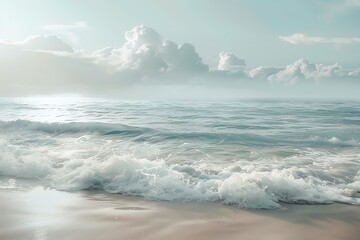 Naklejka premium Tranquil ocean scene with soft waves crashing on a sandy shore under a cloudy sky.