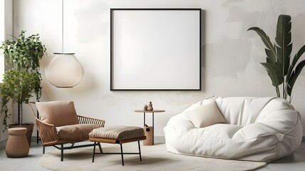 Modern cozy mock up and decoration furniture of living room and empty canvas frame on the white wall texture background, 3D rendering