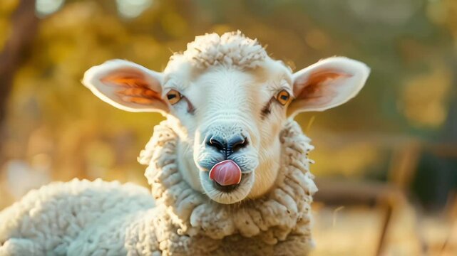 Funny sheep. Portrait of sheep showing tongue.