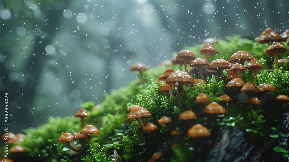 Aufkleber a cluster of mushrooms growing on moss in a lush, misty forest. the soft light filtering through the